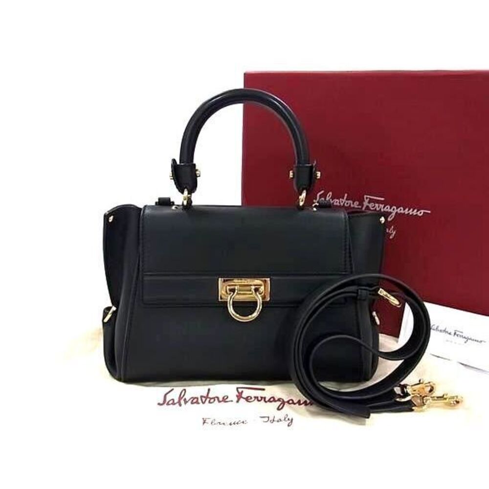 Salvatore Ferragamo Gancini Sofia Leather 2way Shoulder Bag Black
